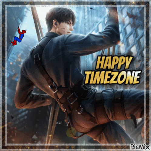 a picture of a man with the words happy timezone written on it