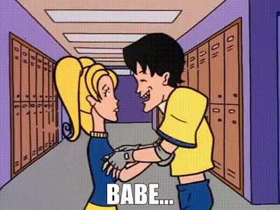 a cartoon of a man and a woman standing next to each other in a hallway .