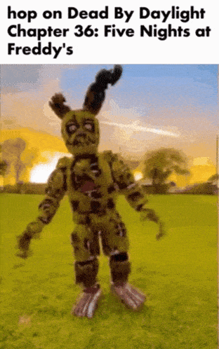 a picture of a cartoon character from five nights at freddy 's standing in a field .