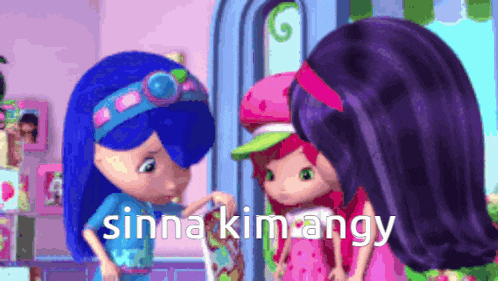 three strawberry shortcake dolls are standing next to each other in a room with the words sinna kim angy written on the bottom