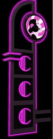 a neon sign with a picture of a woman in a circle on it .