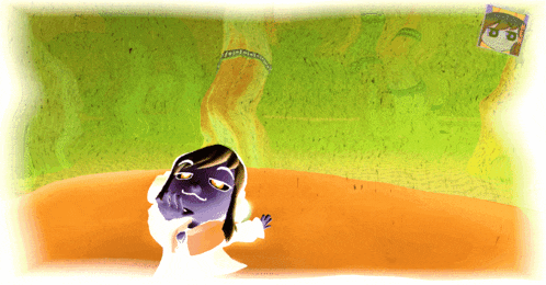 a cartoon character with a purple face is standing in front of a green wall