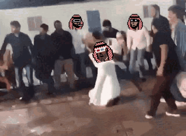 a group of people are dancing with a man wearing a white dress with a pixelated face on it