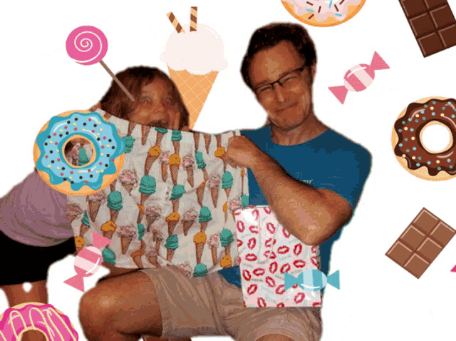 a man and a little girl holding a bag with ice cream cones on it