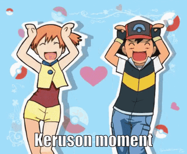 a cartoon of misty and ash with the words keruson moment behind them