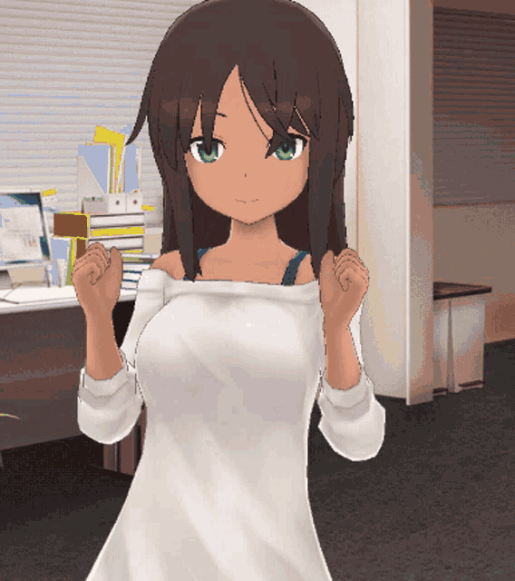 a cartoon character with brown hair and green eyes