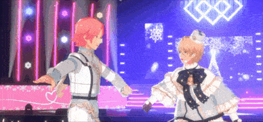 two anime characters dancing on a stage with a heart in the background
