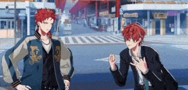 a couple of anime characters standing on a street with one wearing a blue jacket