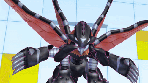 a black and red robot with wings is standing on a tiled floor