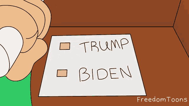 a cartoon of a person holding a paper that says trump and biden