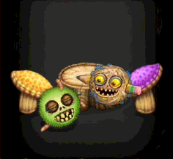 a cartoon monster with a green head and mushrooms on its arms is sitting on a wooden table .