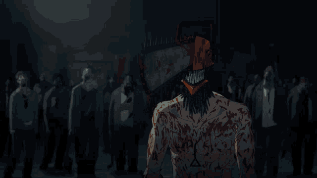 a man with a chainsaw on his head is surrounded by a crowd of people
