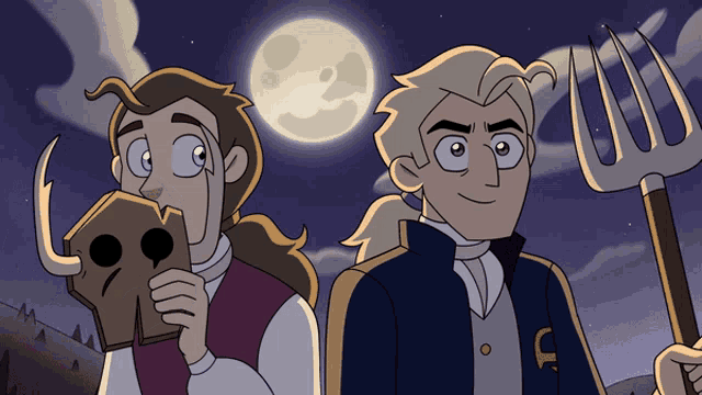 a cartoon of a man holding a fork next to another man