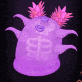 a purple monster with pink flowers and a skeleton