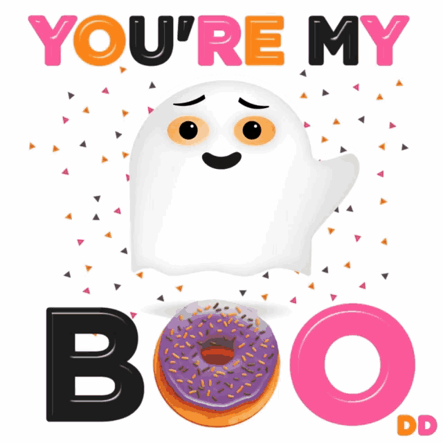 a ghost holding a purple donut with the words " you 're my boo " above it