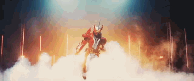 a robot is flying through the air in a cloud of smoke
