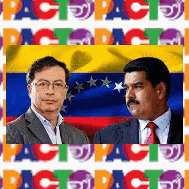 two men are standing next to each other in front of a venezuelan flag ..