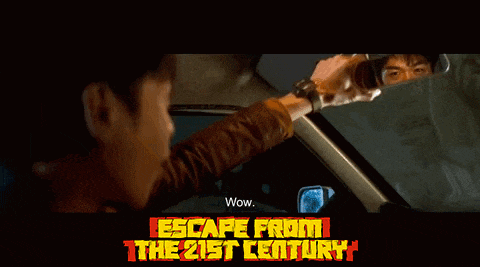 a poster for escape from the 21st century shows a man looking in the rear view mirror