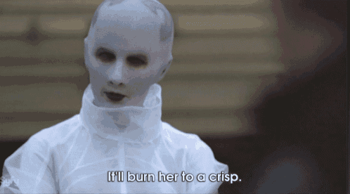 a person with a mask on their face says it 'll burn her to a crisp