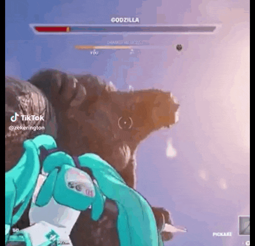 a cartoon character is playing a video game with a giant monster .