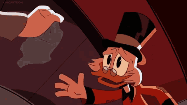 a cartoon of a man in a top hat talking to another person