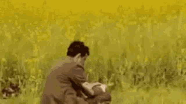 a man in a suit and tie is standing in a field of tall grass