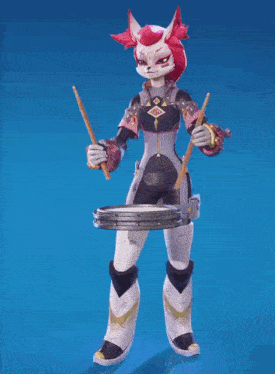 a cartoon character is playing a drum on a blue surface