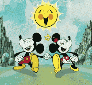 a cartoon of mickey mouse and minnie mouse holding hands