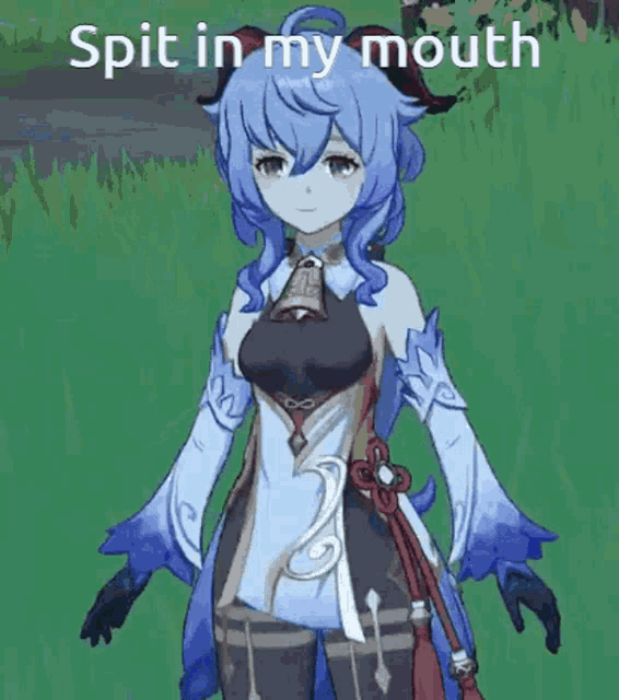 a girl in a blue dress is standing in a field with the words `` spit in my mouth '' written on the bottom .