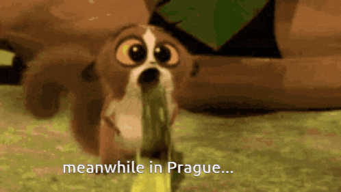 a cartoon meerkat says meanwhile in prague on the screen