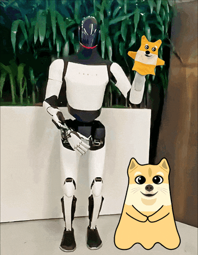 a robot is holding a doge puppet in his hand