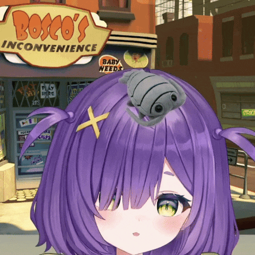 a girl with purple hair is standing in front of a bosco 's inconvenience sign