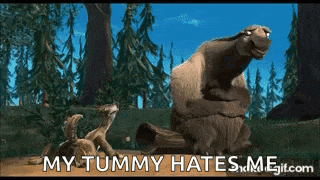 a squirrel and a bear from the movie ice age are standing next to each other in a forest .