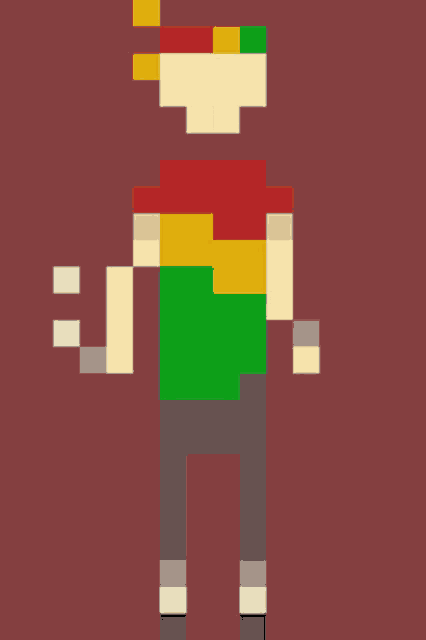 a pixel art of a man wearing a green shirt and gray jeans