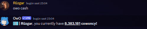 a screenshot of a conversation between two people with one saying " you currently have 8,383,181 cowoncy "