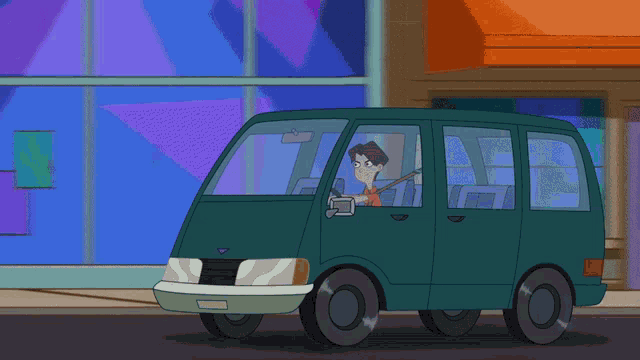a cartoon of a man driving a green van with a license plate that says ' a ' on it