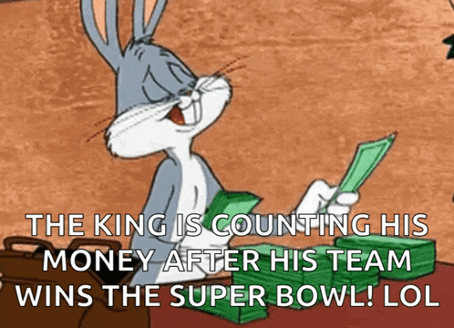 bugs bunny is counting his money after his team wins the super bowl lol