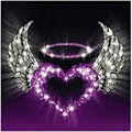 a heart with angel wings and a halo on a purple background .