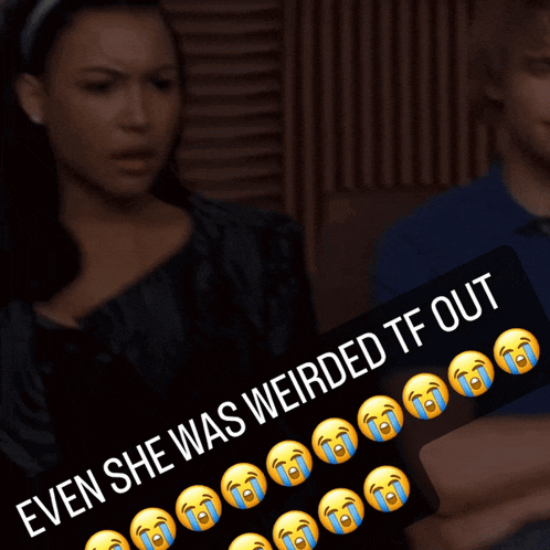 a picture of a woman with the caption " even she was weirded tf out " on it