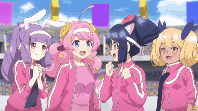 a group of anime girls are wearing pink jackets and standing next to each other