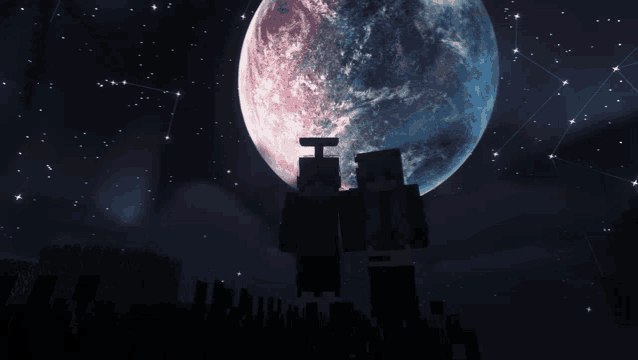 a minecraft character stands in front of a full moon in the night sky