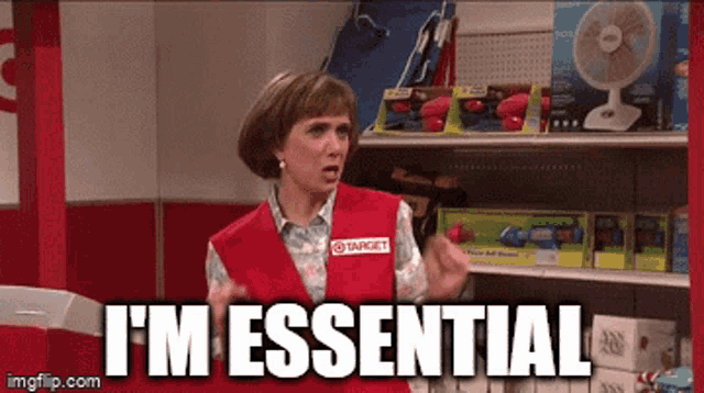 a woman wearing a target vest says " i 'm essential "
