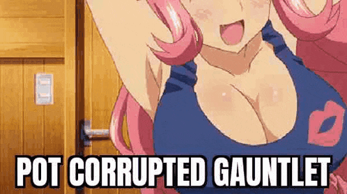 a cartoon girl with pink hair is standing in front of a door with her arms outstretched .