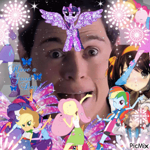a picture of a man with a purple pony on his head and the words have a good day