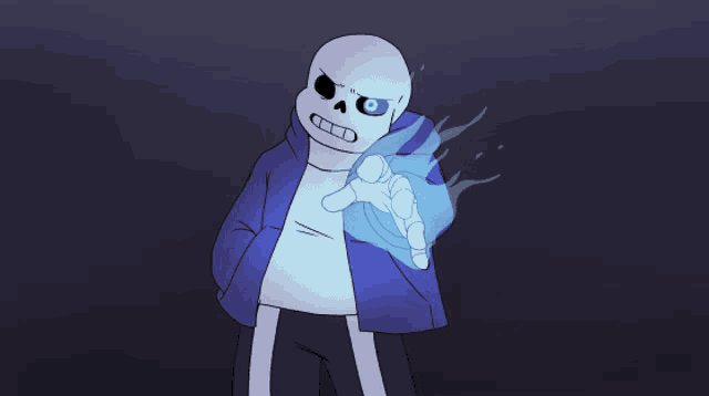 a cartoon drawing of a skeleton holding a blue flame in his hand