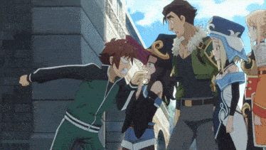 a group of anime characters are standing in front of a brick building