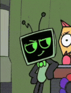 a cartoon character with a tv head is standing next to a cat .