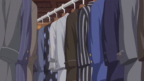 a cartoon of a skeleton in a hat standing in a line of clothes