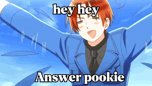 a picture of a boy with his arms outstretched and the words hey hey answer pookie