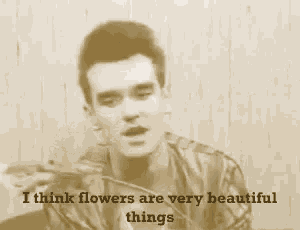 a man is sitting in front of a wall with the words i think flowers are very beautiful things above him